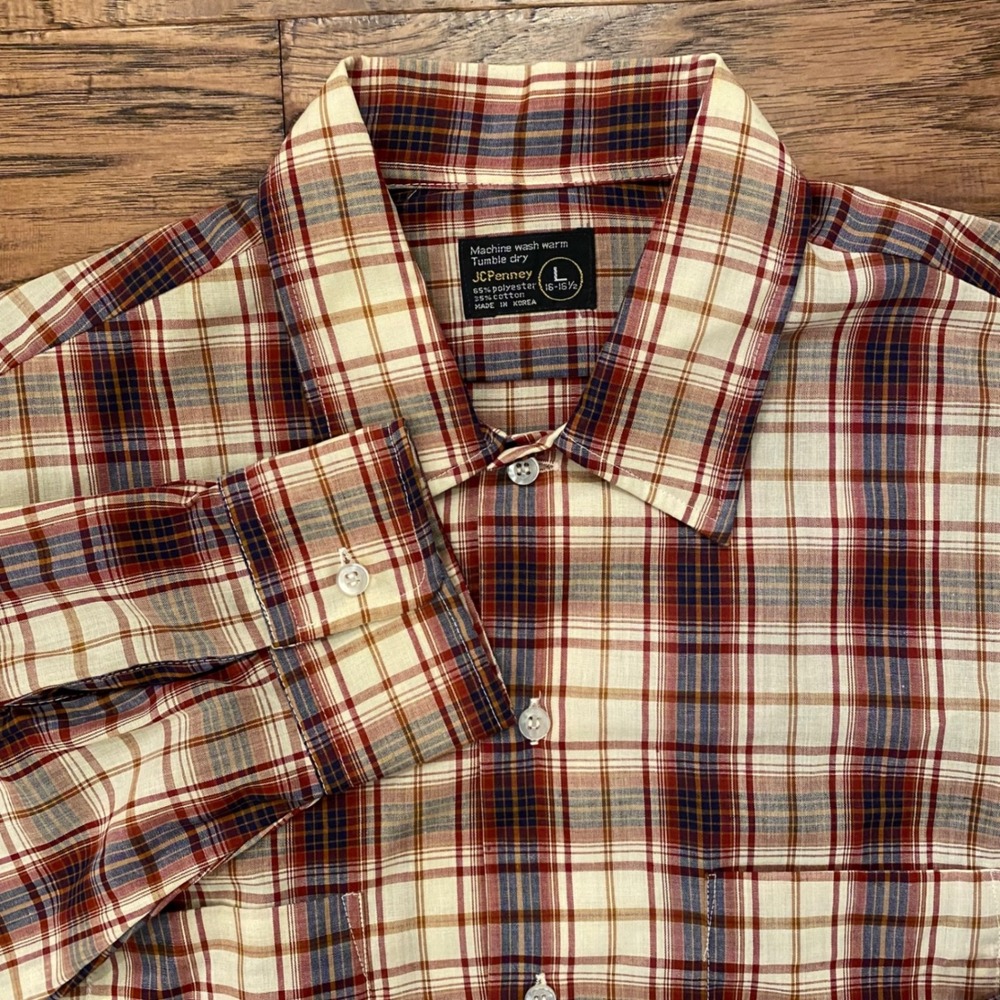JCPenney Plaid Button Down Shirt Mens L Red Cream Vintage Long Sleeve